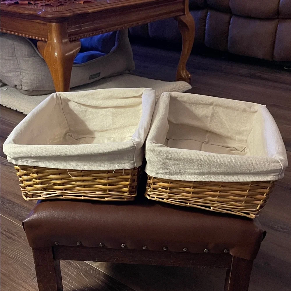 2 Wicker Storage Baskets with Cream Liners